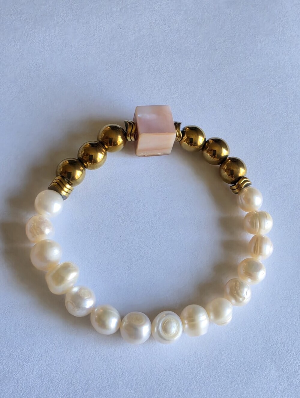Freshwater Pearl Hematite Mother of Pearl Bracelet 7” Stretch Pink Accent